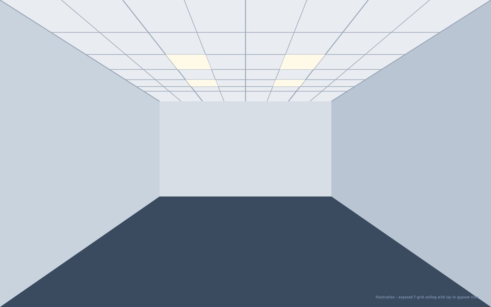 Room with an exposed-grid gypsum tile ceiling (illustration)