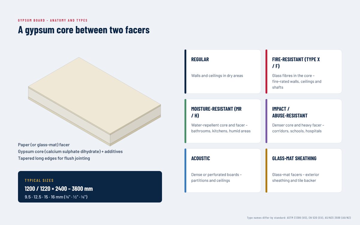 Gypsum board anatomy and types (illustration)