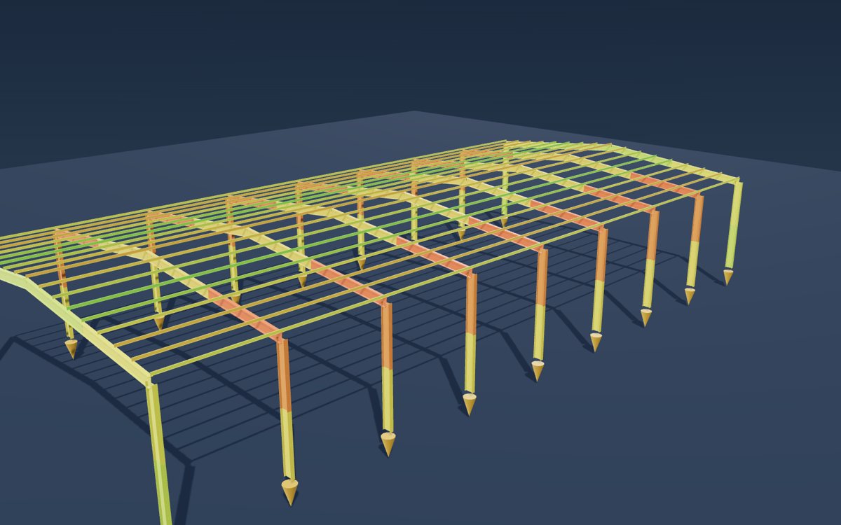 Structural analysis model coloured by member utilisation – illustration