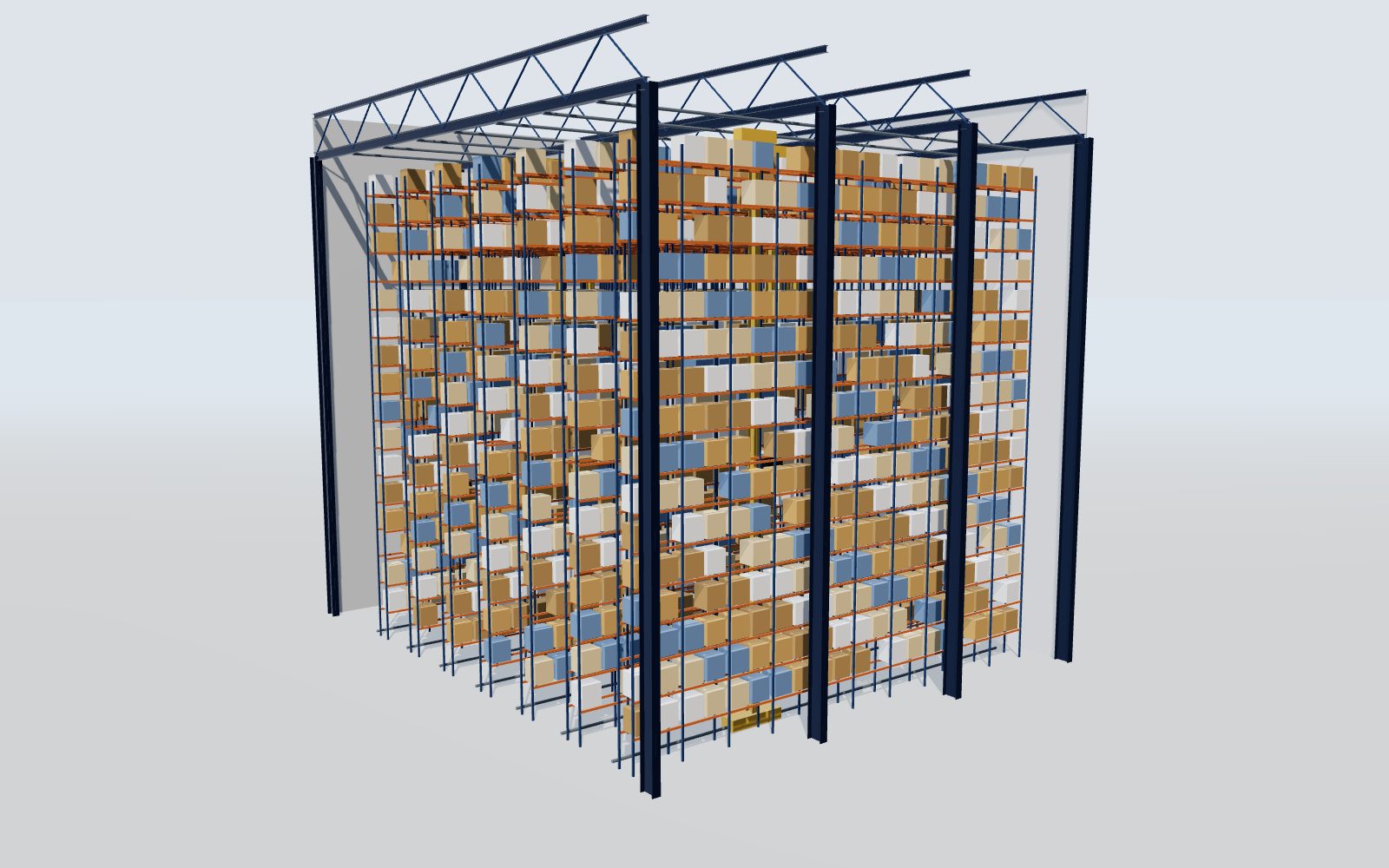 Cut-away of a high-bay warehouse: roof trusses, racks, aisles and stacker cranes on floor rails (illustration)