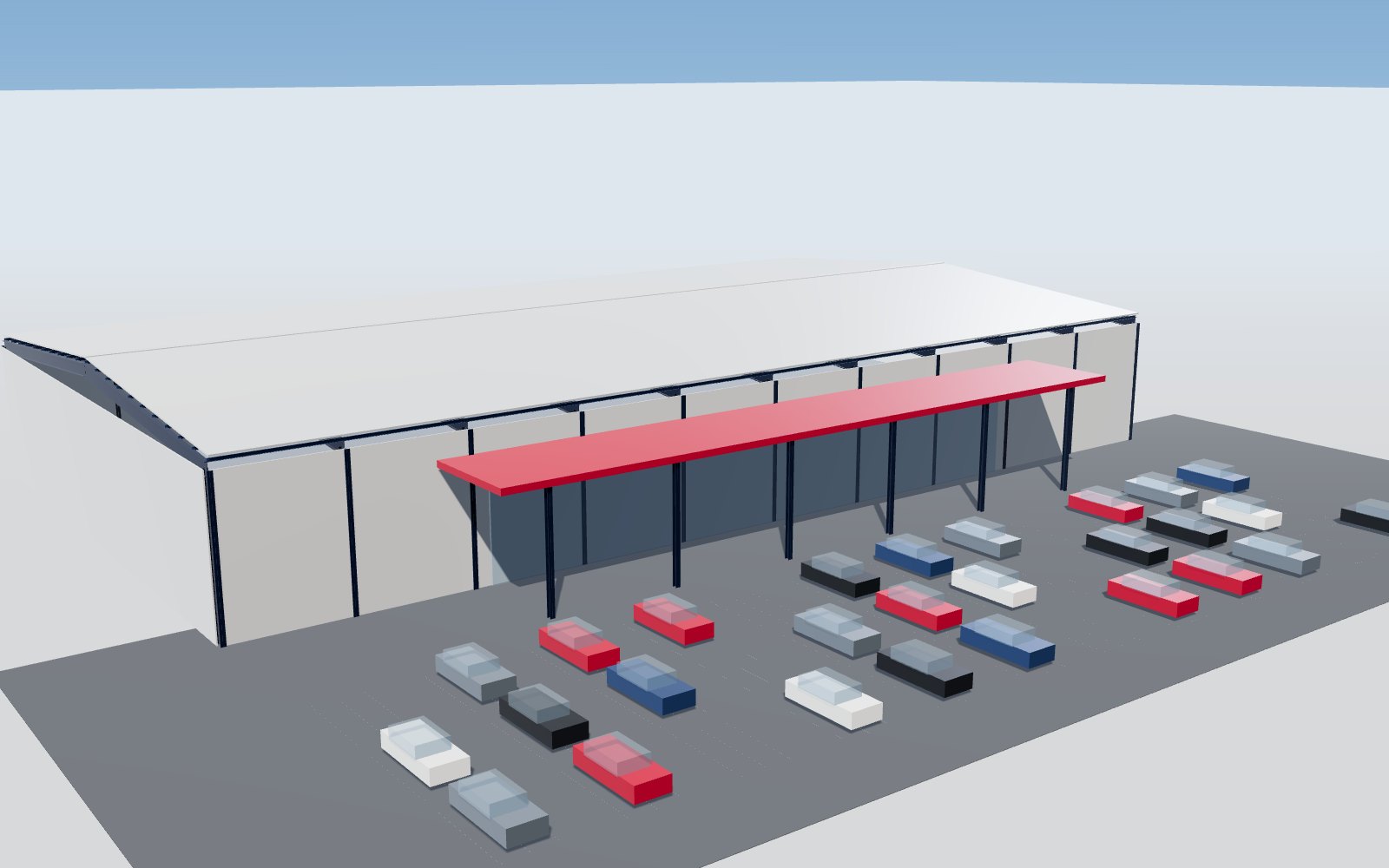 Supermarket with steel frame, glazed entrance canopy and car park
