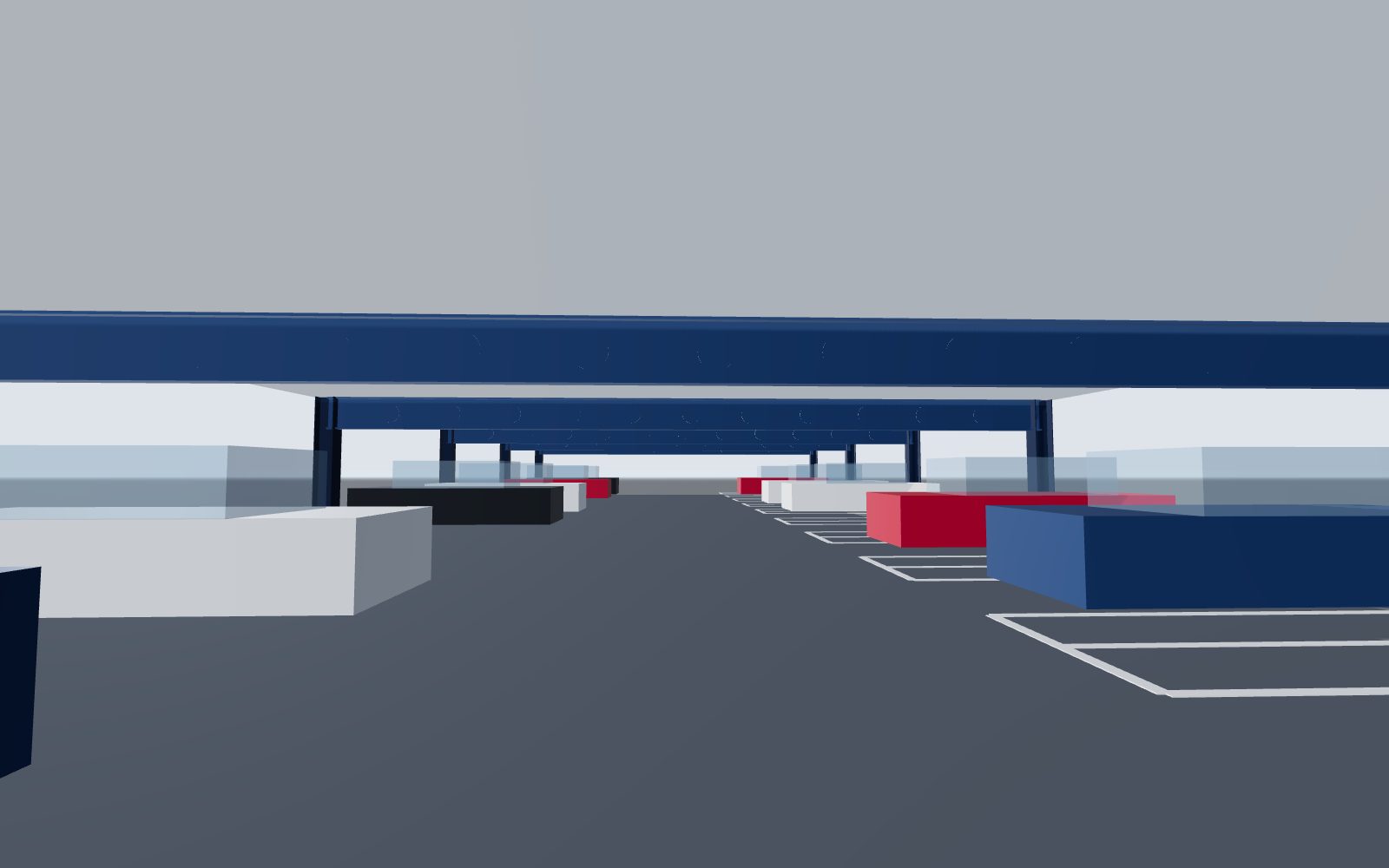 Inside a long-span steel car park deck: beams with web openings spanning over two parking rows and the aisle (illustration)