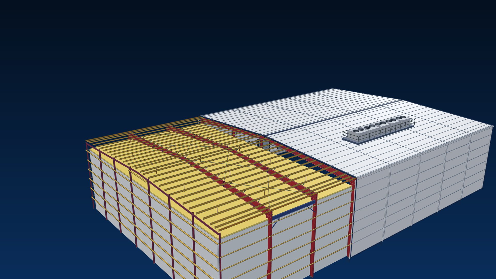 White insulated cold-storage warehouse with roof condenser platform, loading docks and cut-away showing racking inside