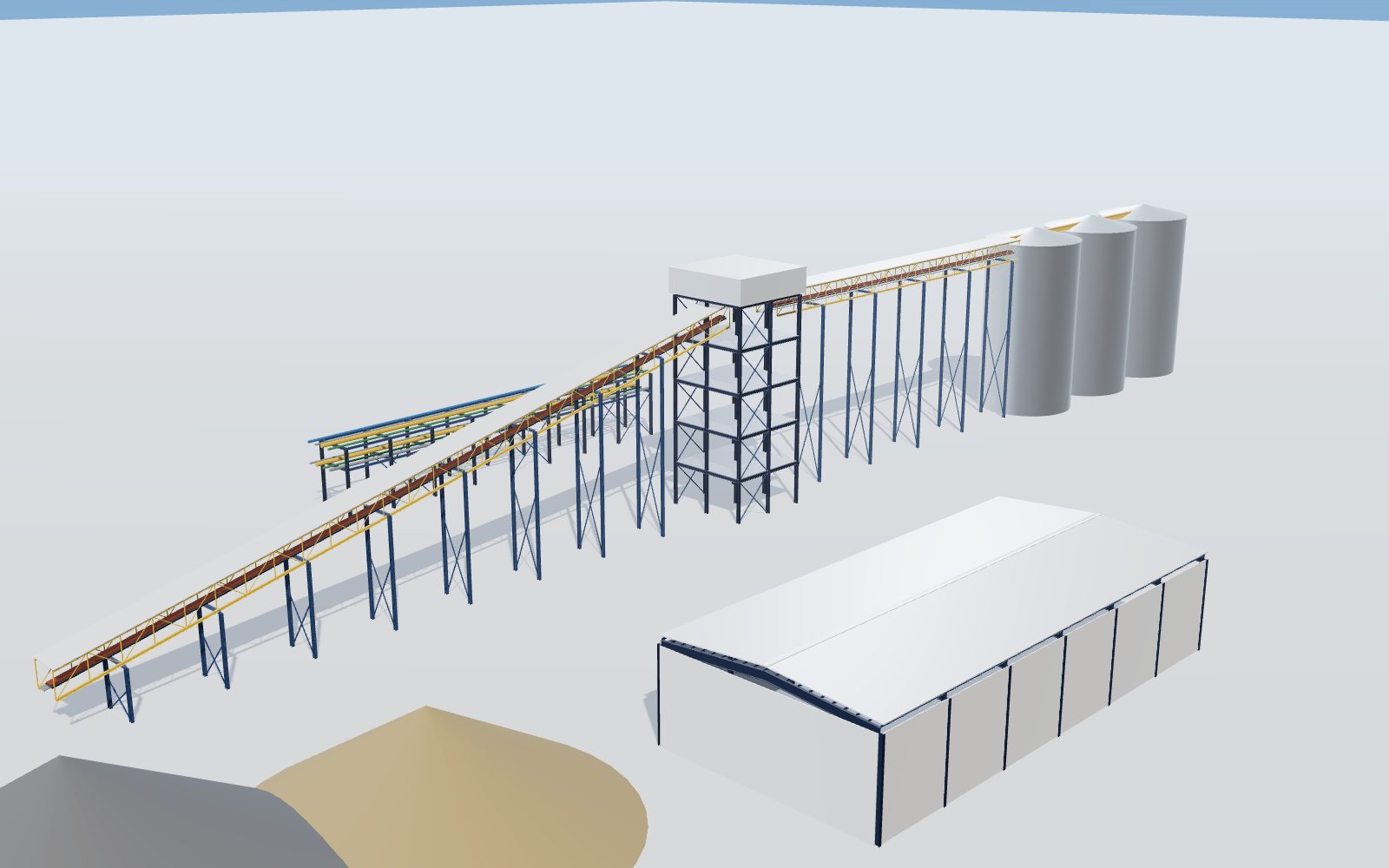 Bulk handling plant with stockpiles, inclined conveyor gallery on trestles, transfer tower, elevated gallery to storage silos and a storage shed (illustration)