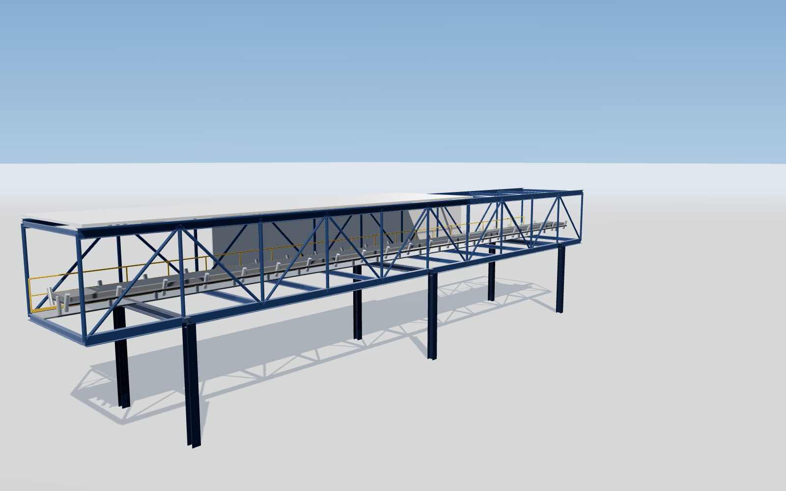 Cut-away of a conveyor gallery: truss sides, idlers, belt, walkway with handrail and roof sheeting on trestles (illustration)