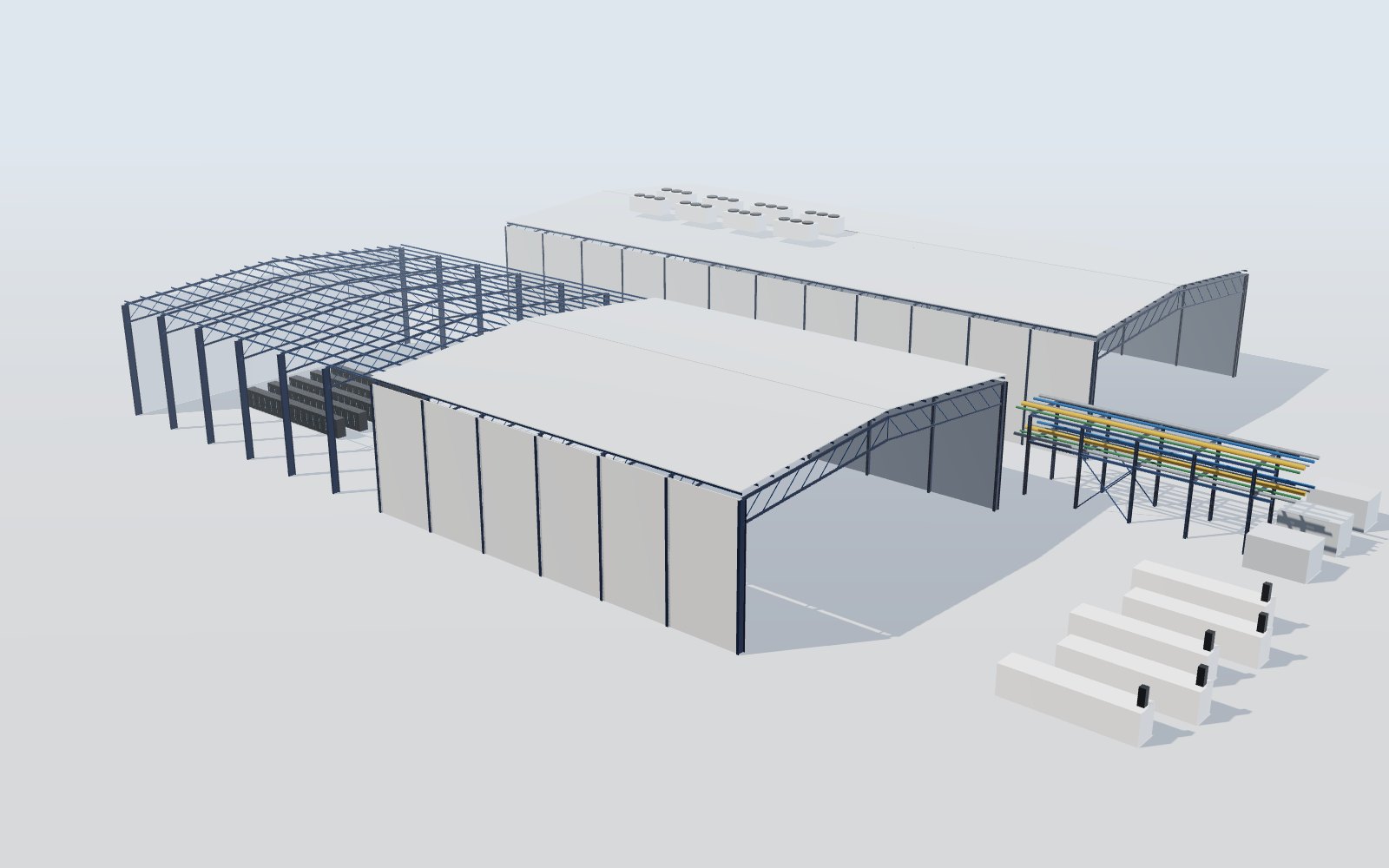 Data centre campus with steel data halls, roof chillers, generator yard and pipe rack