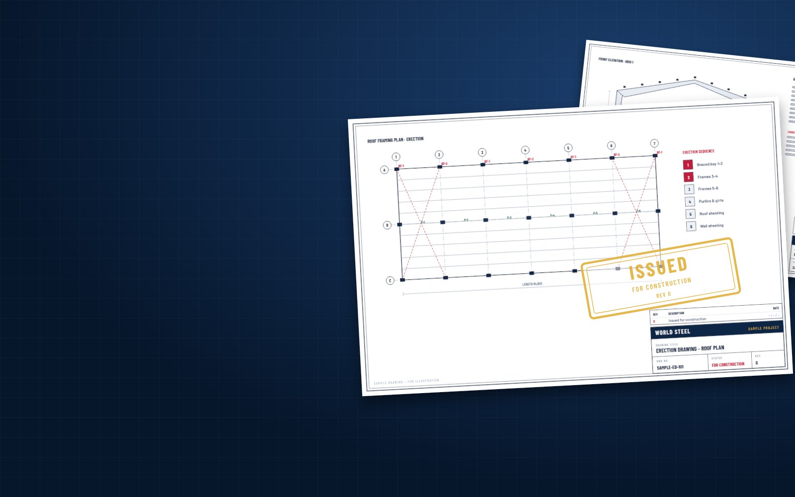 Sample erection drawing of a roof framing plan with erection sequence and issued for construction stamp