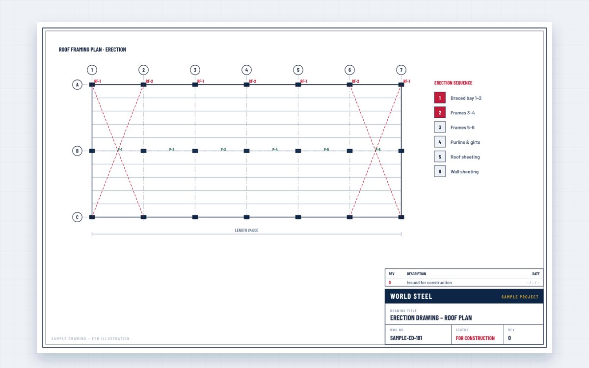 Sample roof framing erection plan with member marks and sequence