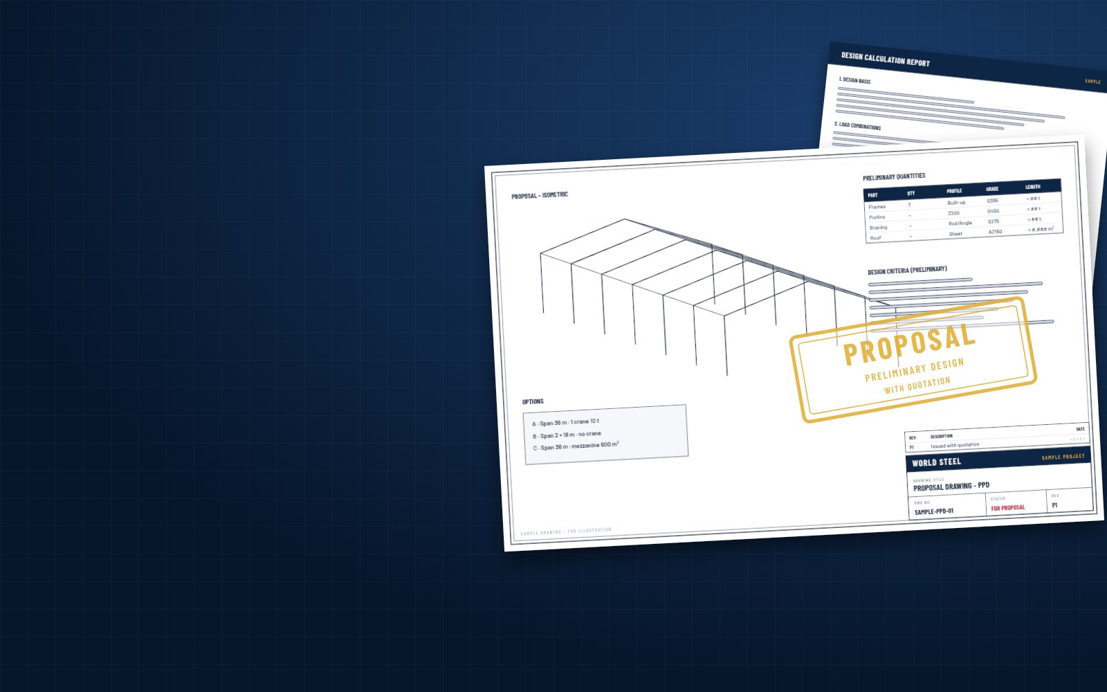 Sample proposal drawing with isometric view, preliminary quantities and proposal stamp