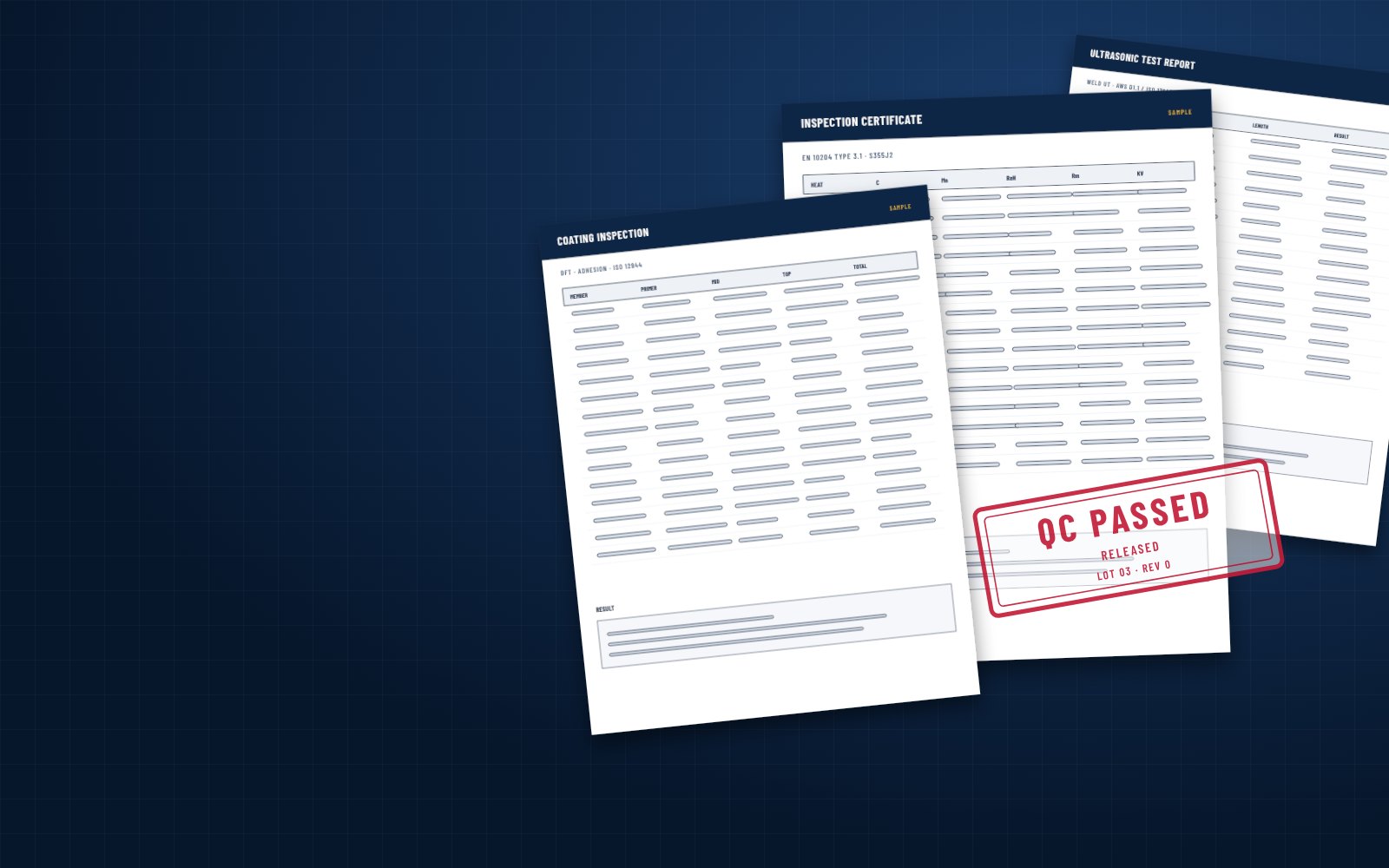 Sample quality documents: mill certificate, ultrasonic test report and coating inspection with QC passed stamp