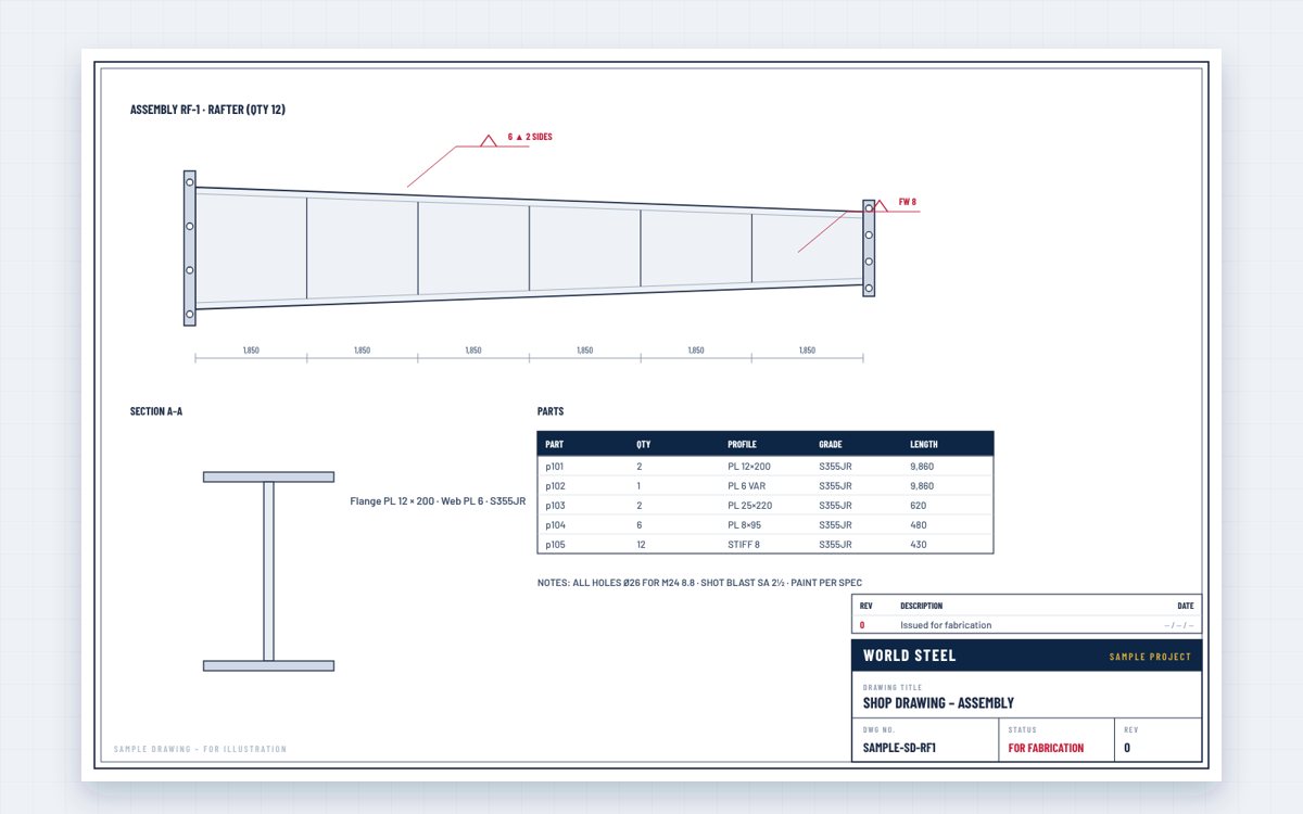 Sample assembly drawing of a tapered rafter with dimensions, welds and parts list