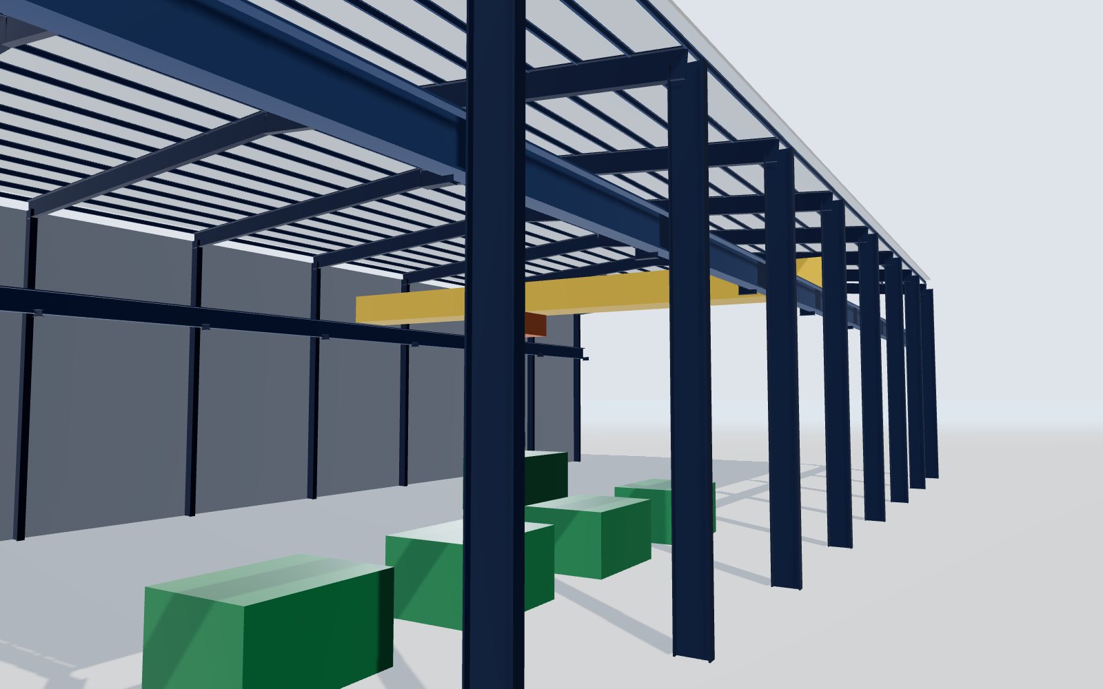 Overhead crane on runway beams in a steel production hall