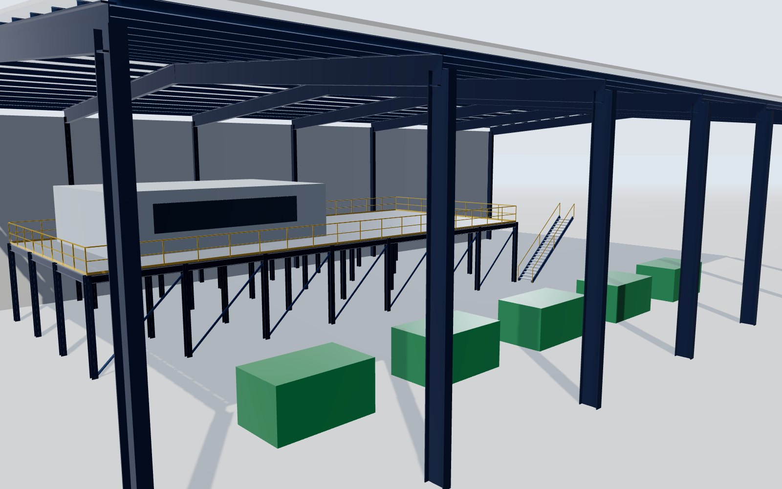 Steel mezzanine with office, grating floor, stairs and guardrails inside a production hall
