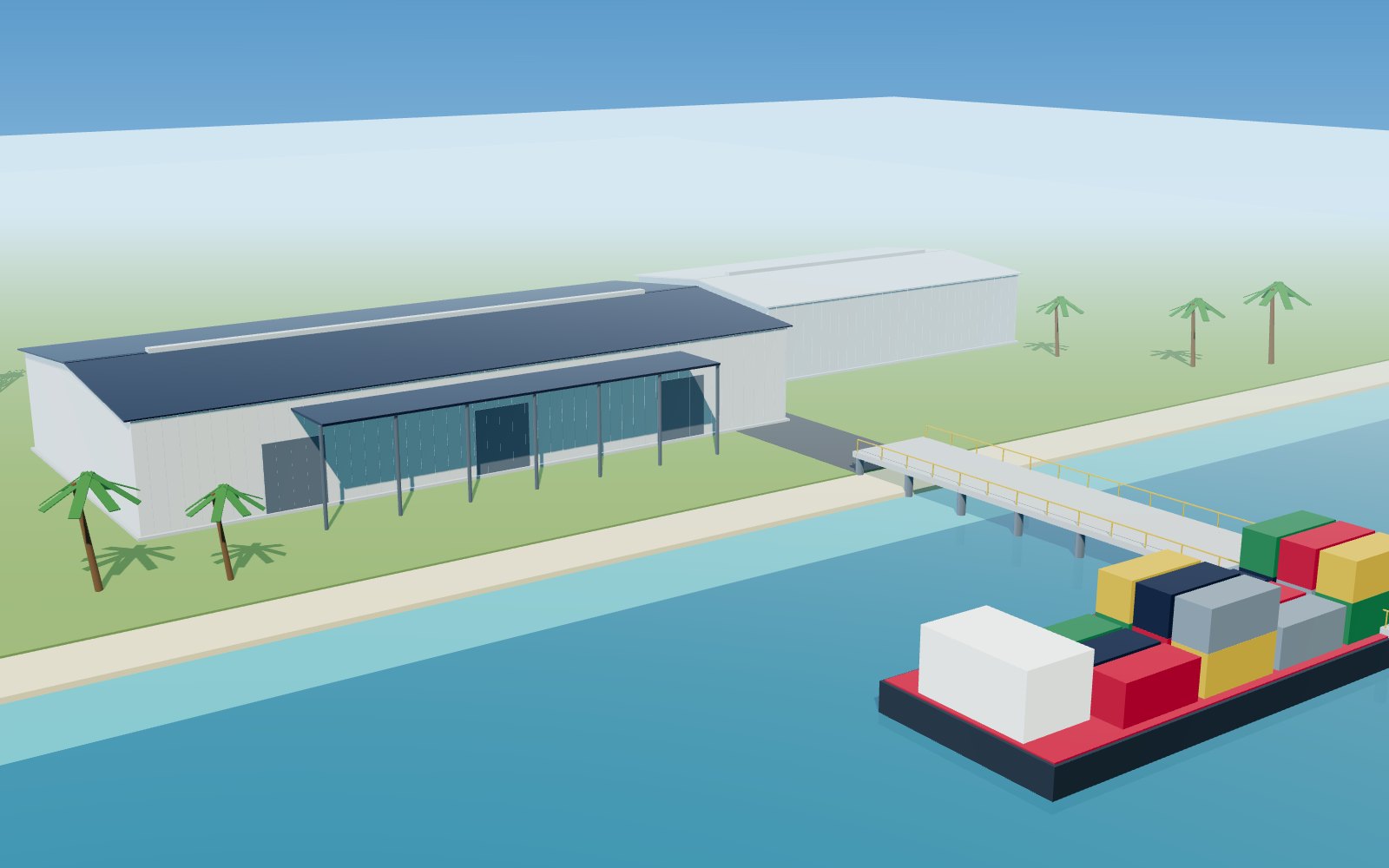 Steel warehouse and jetty on an island coast with a container barge alongside