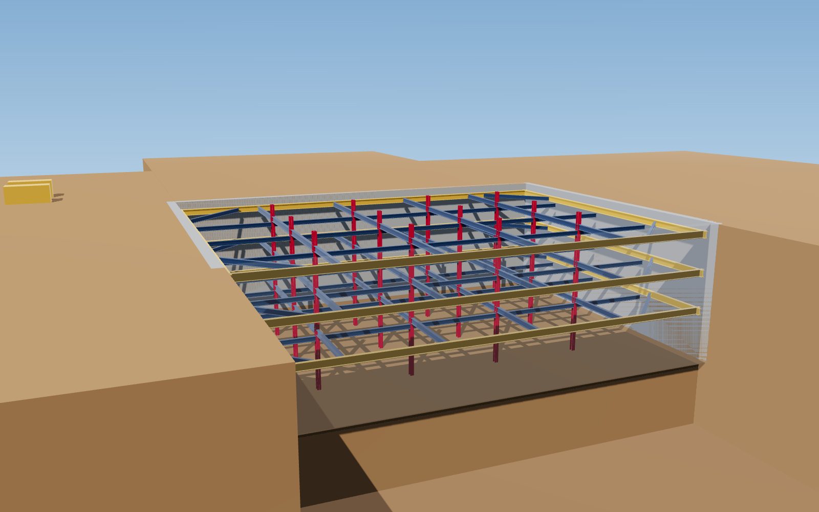 Cut-away of a deep basement: diaphragm walls, three levels of steel struts and walers, and red kingposts supporting the struts (illustration)