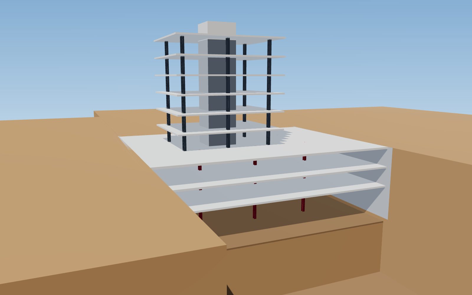 Top-down construction: ground and basement slabs supported by kingposts while the tower rises above and excavation continues below (illustration)