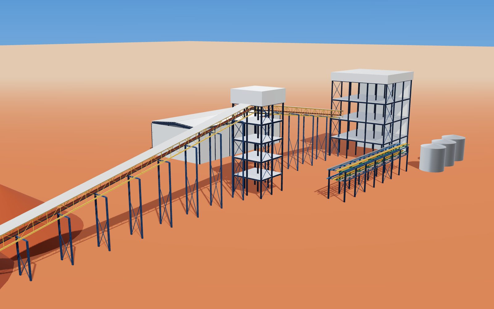 Iron ore site in red earth with stockpile, conveyor gallery on trestles, transfer tower and process plant (illustration)