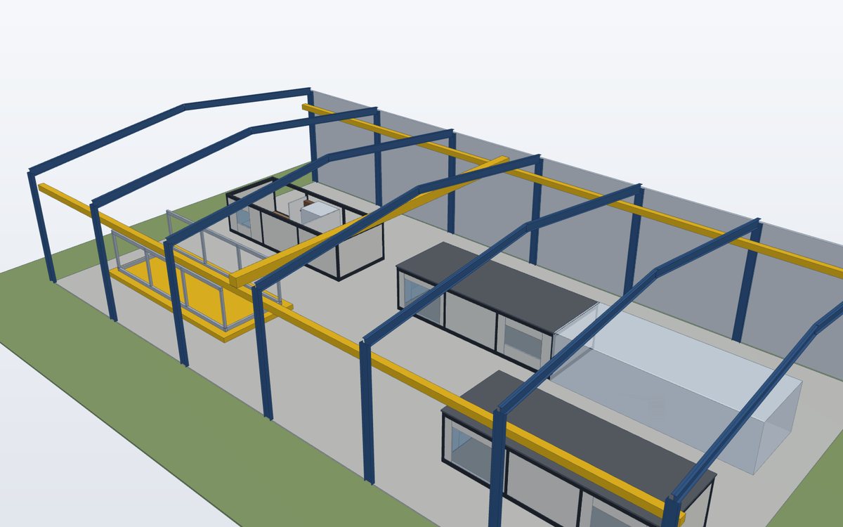Module production line in a steel portal-frame factory (illustration)