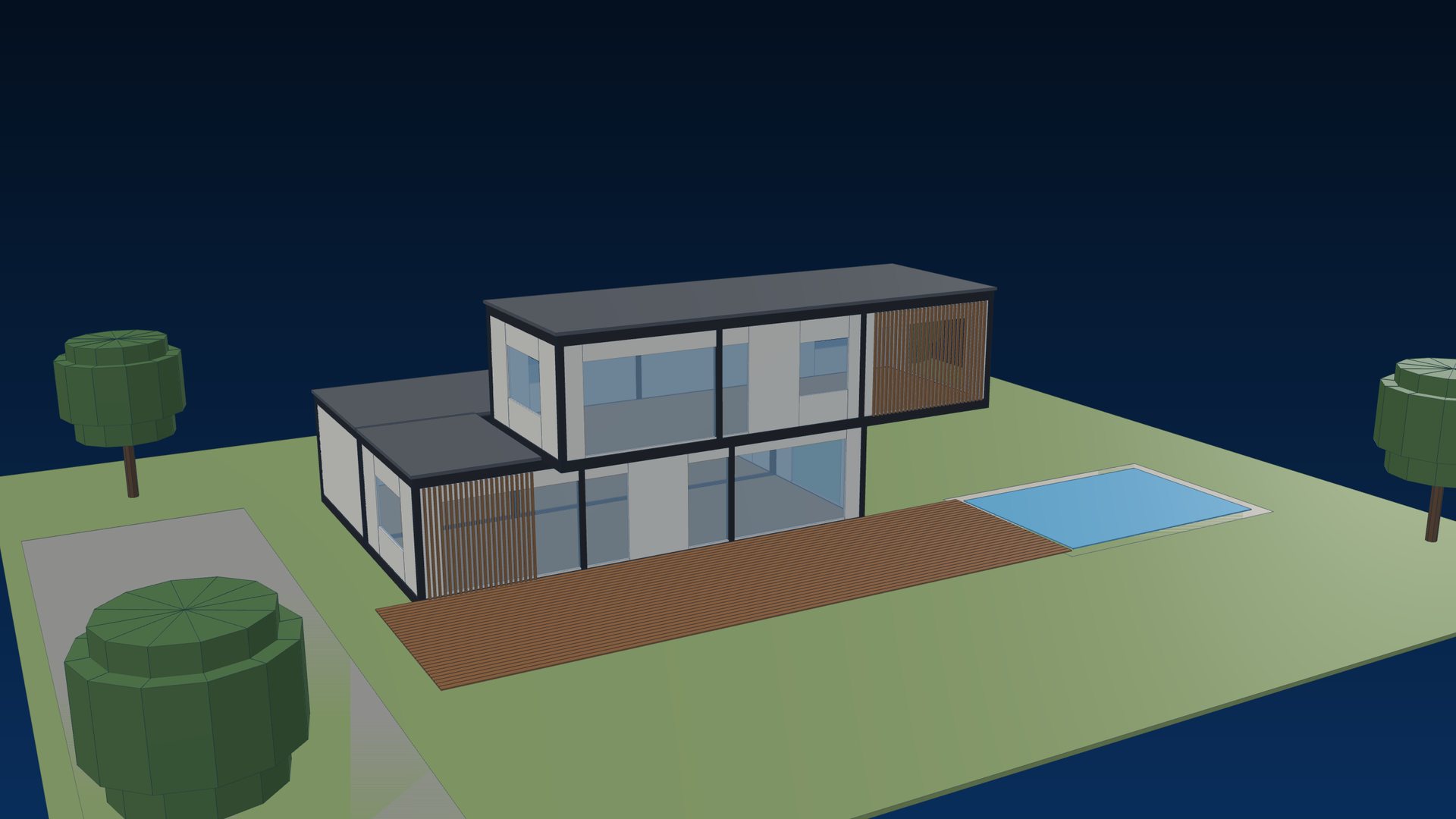 Two-storey steel-framed modular home with timber deck and pool (illustration)