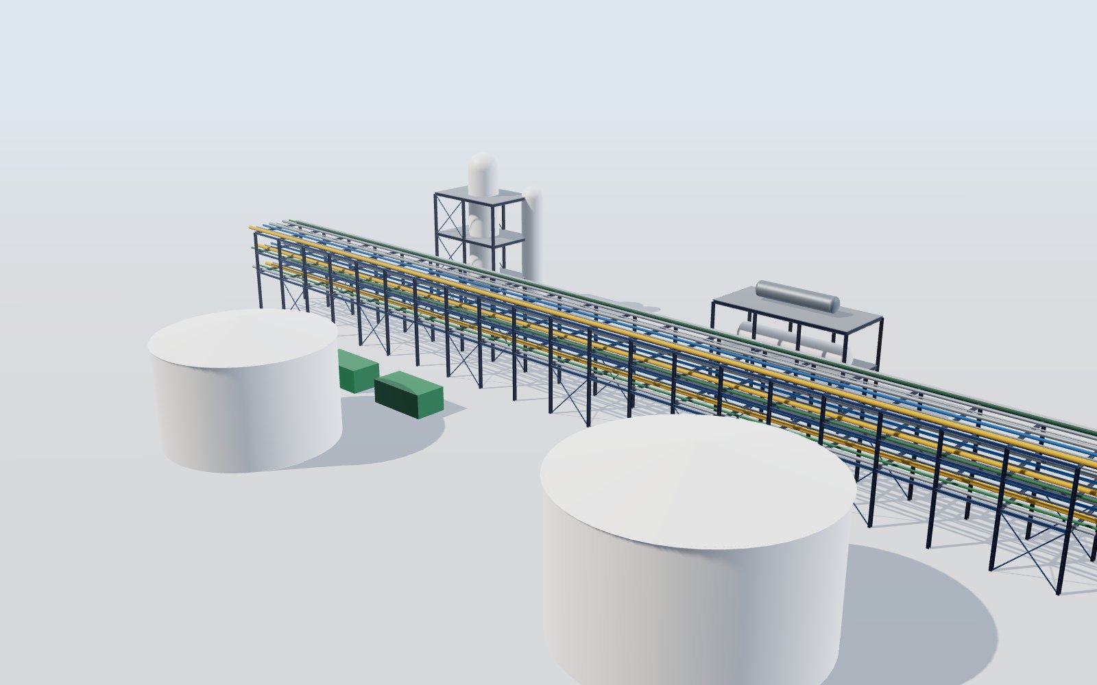 Process plant with long pipe rack, equipment structures, vessels and storage tanks