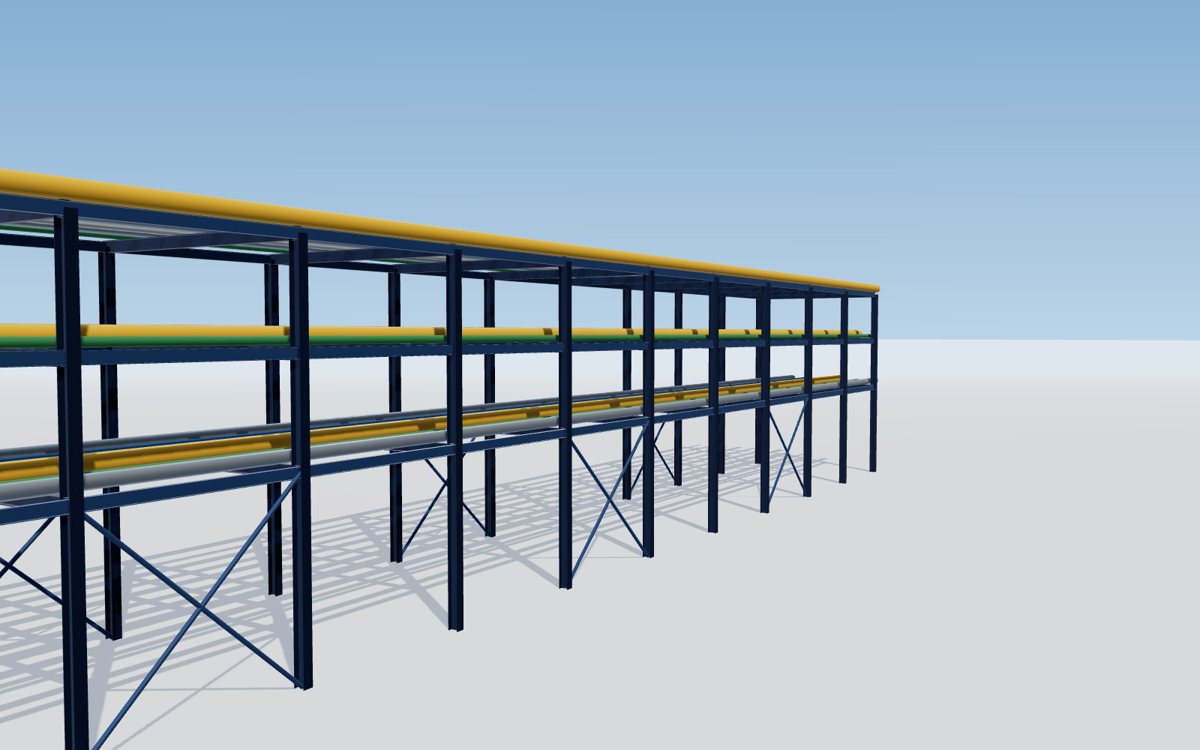 Three-level pipe rack with steel frames, bracing, pipes and cable trays