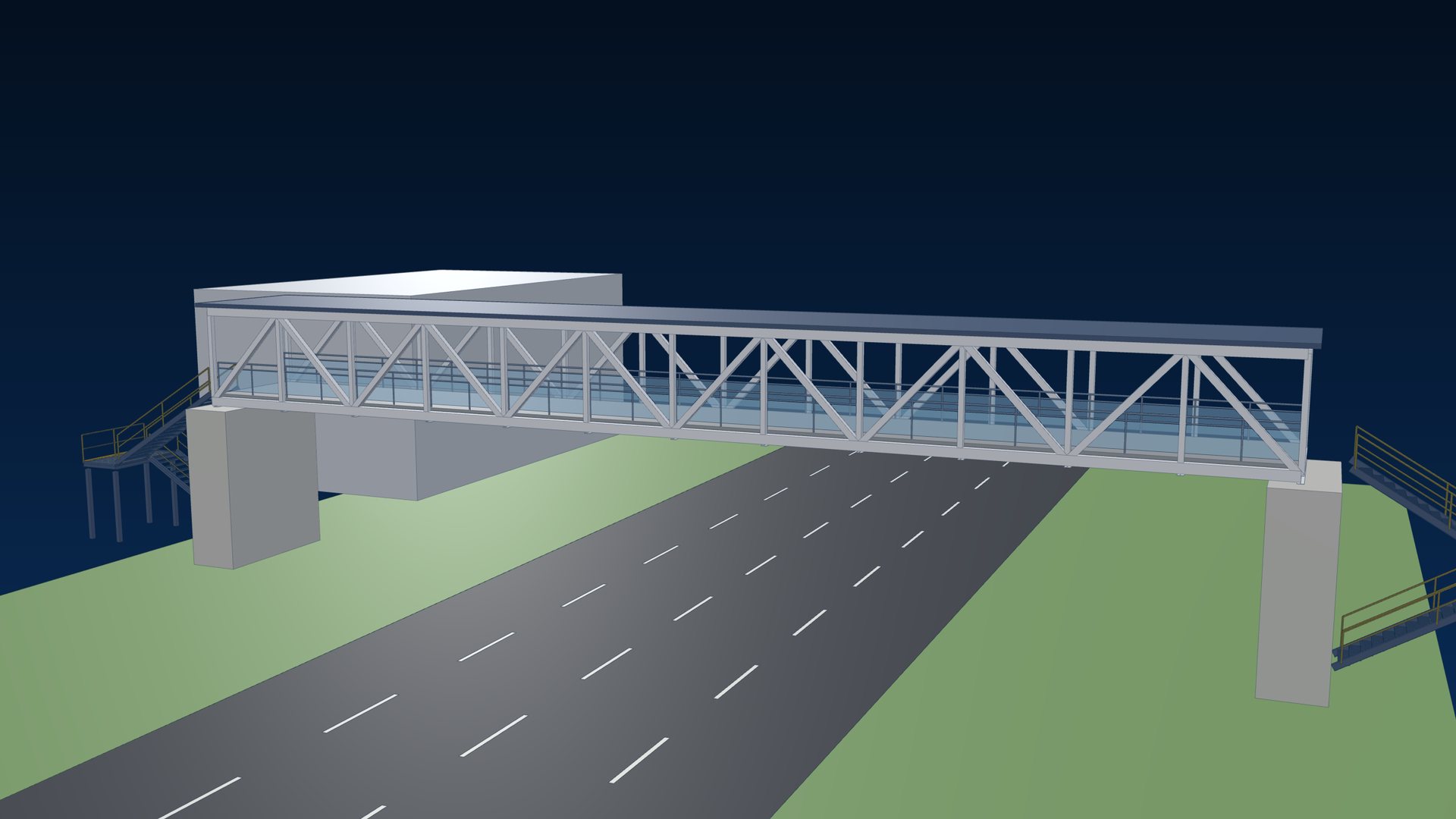 Steel truss pedestrian bridge over a highway