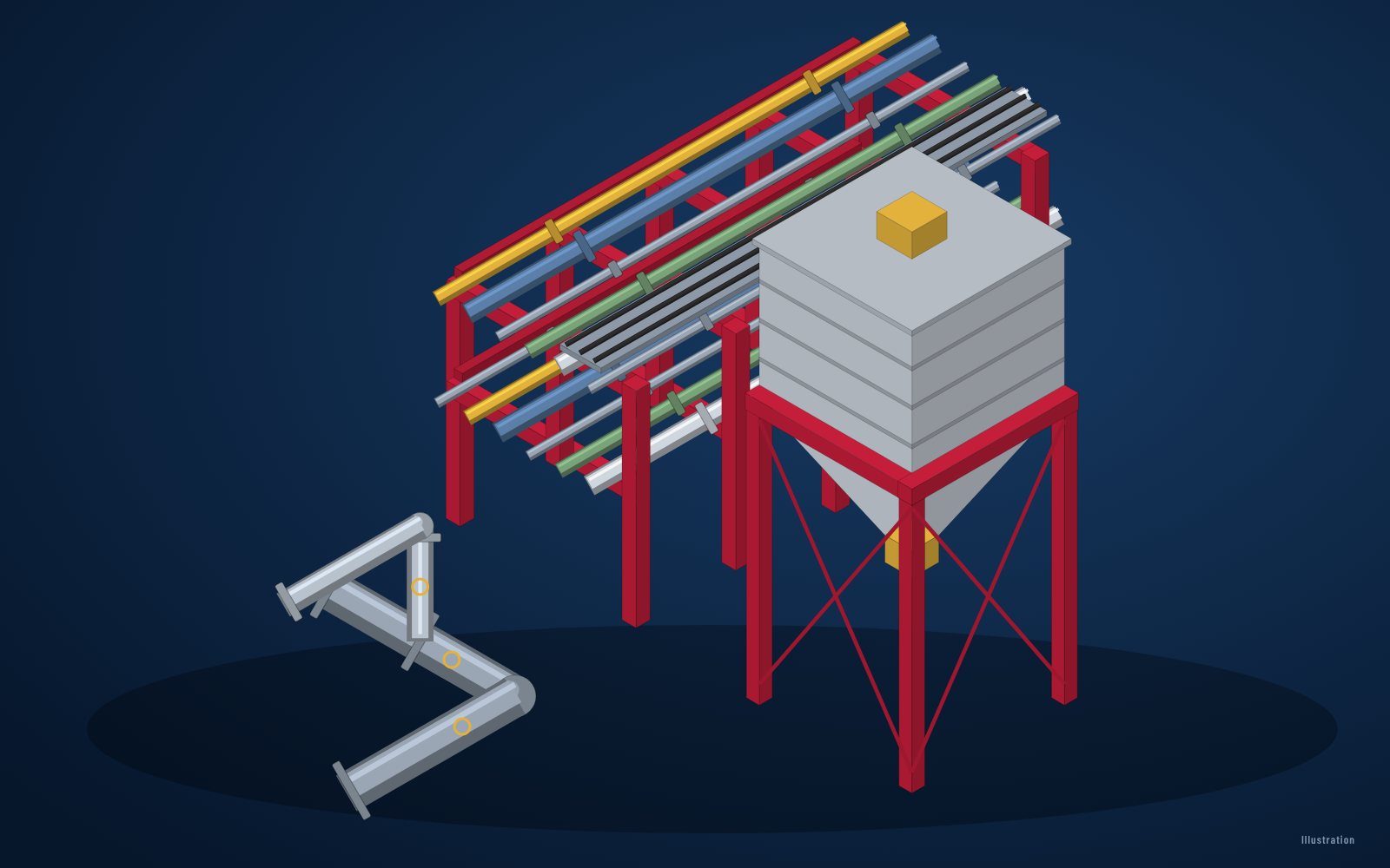 Pipe rack, steel bin with hopper and pipe spool (illustration)
