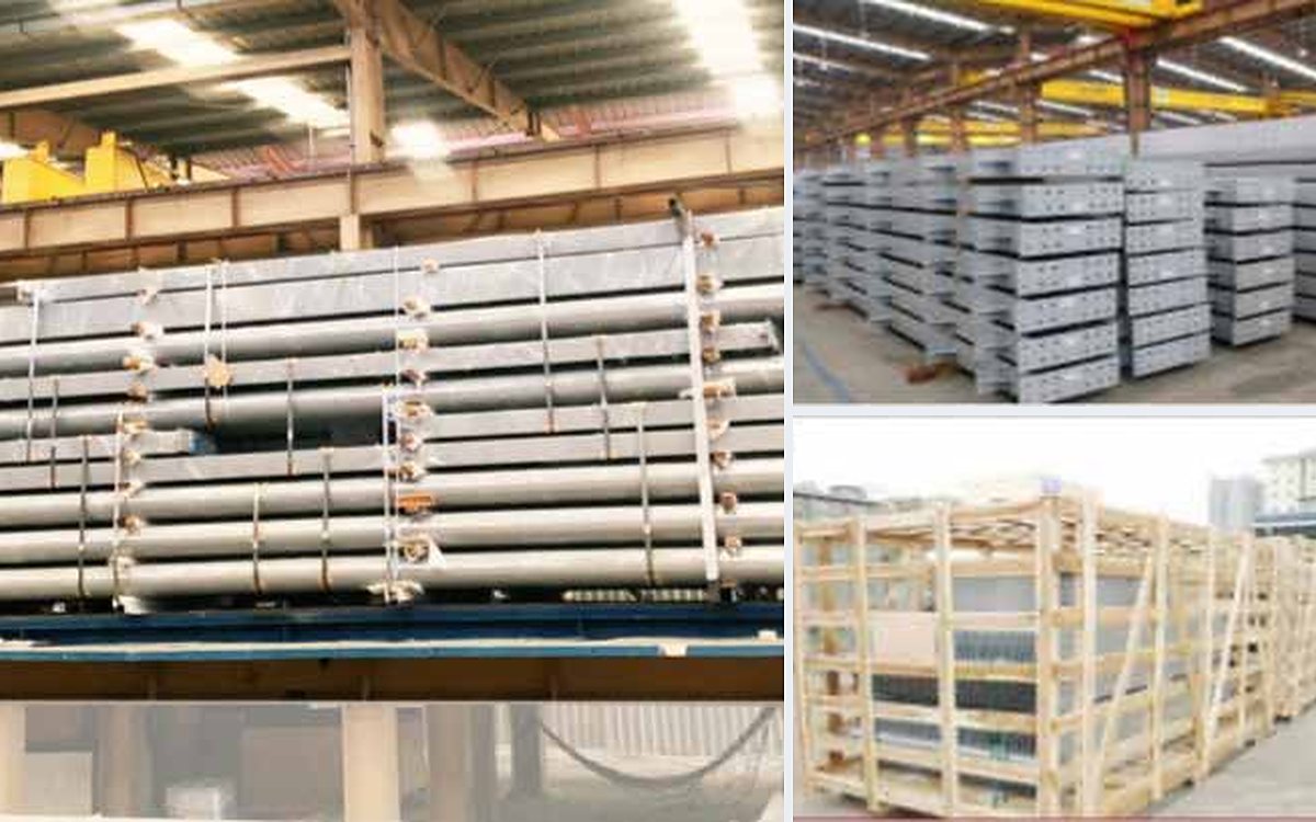 Structural steel members packed and loaded on support frames at the World Steel factory