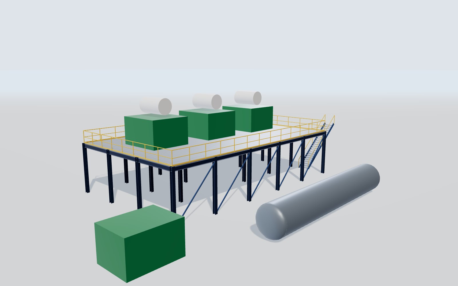 Steel machine platform with grating floor, guardrails, stair and machinery