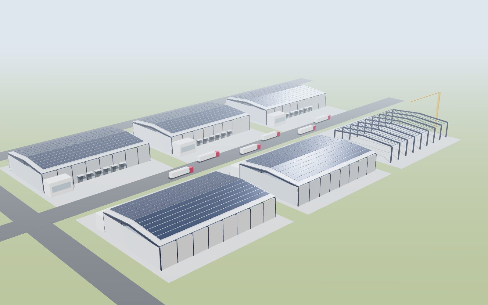 Industrial park with ready-built steel factories and warehouses, rooftop solar and one phase under construction (illustration)