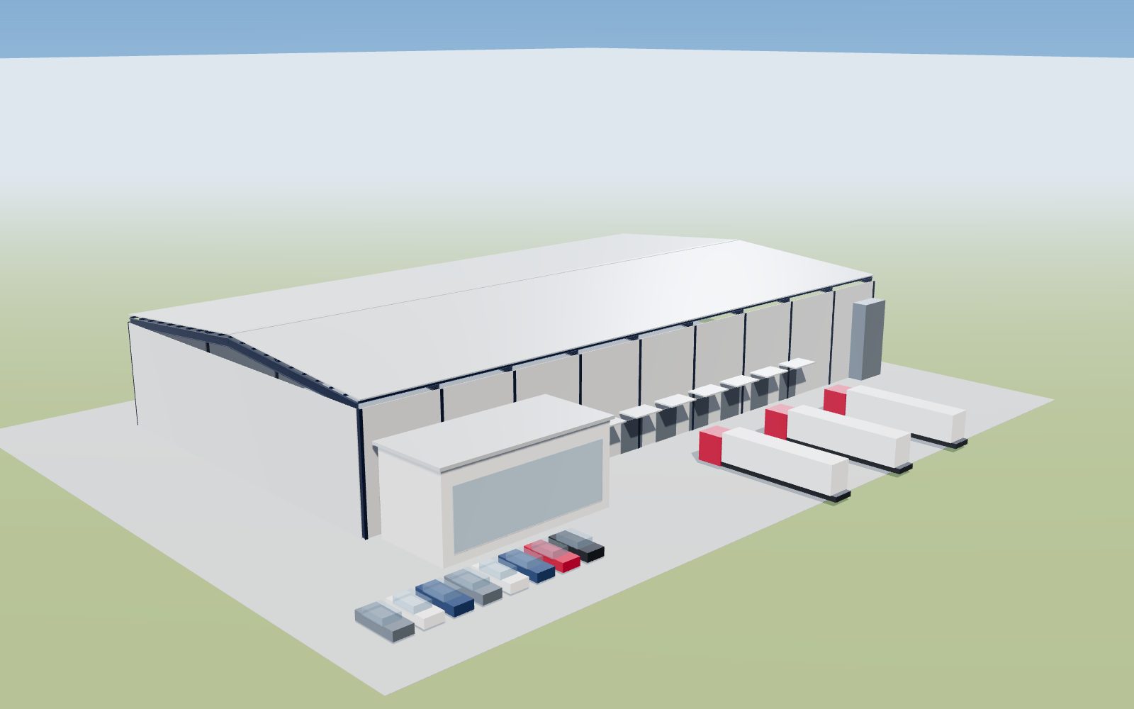 Ready-built steel factory with office block, loading docks and trucks (illustration)