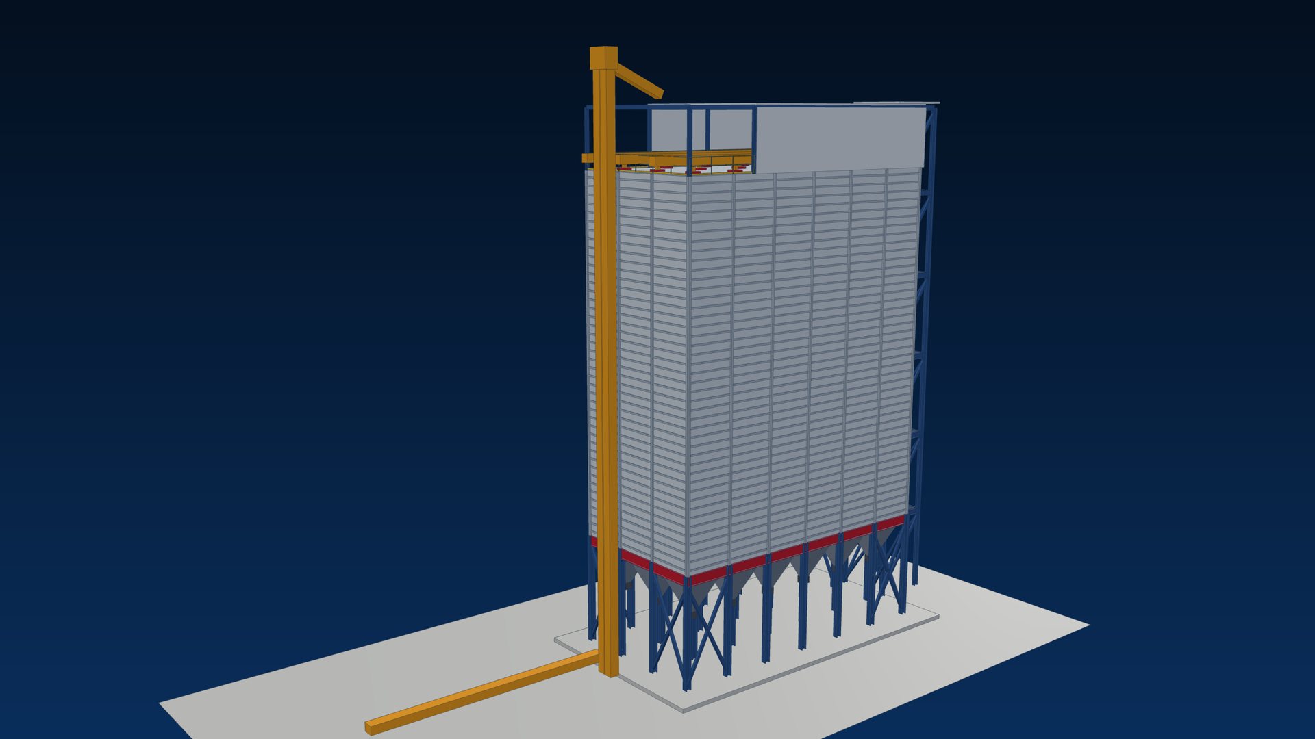 Block of square steel silo cells on a braced support structure with stair tower, bucket elevator and roof house