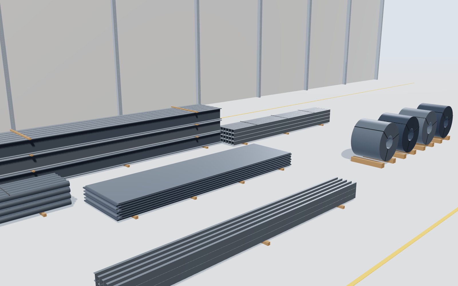 Steel sections and coils in a stockyard