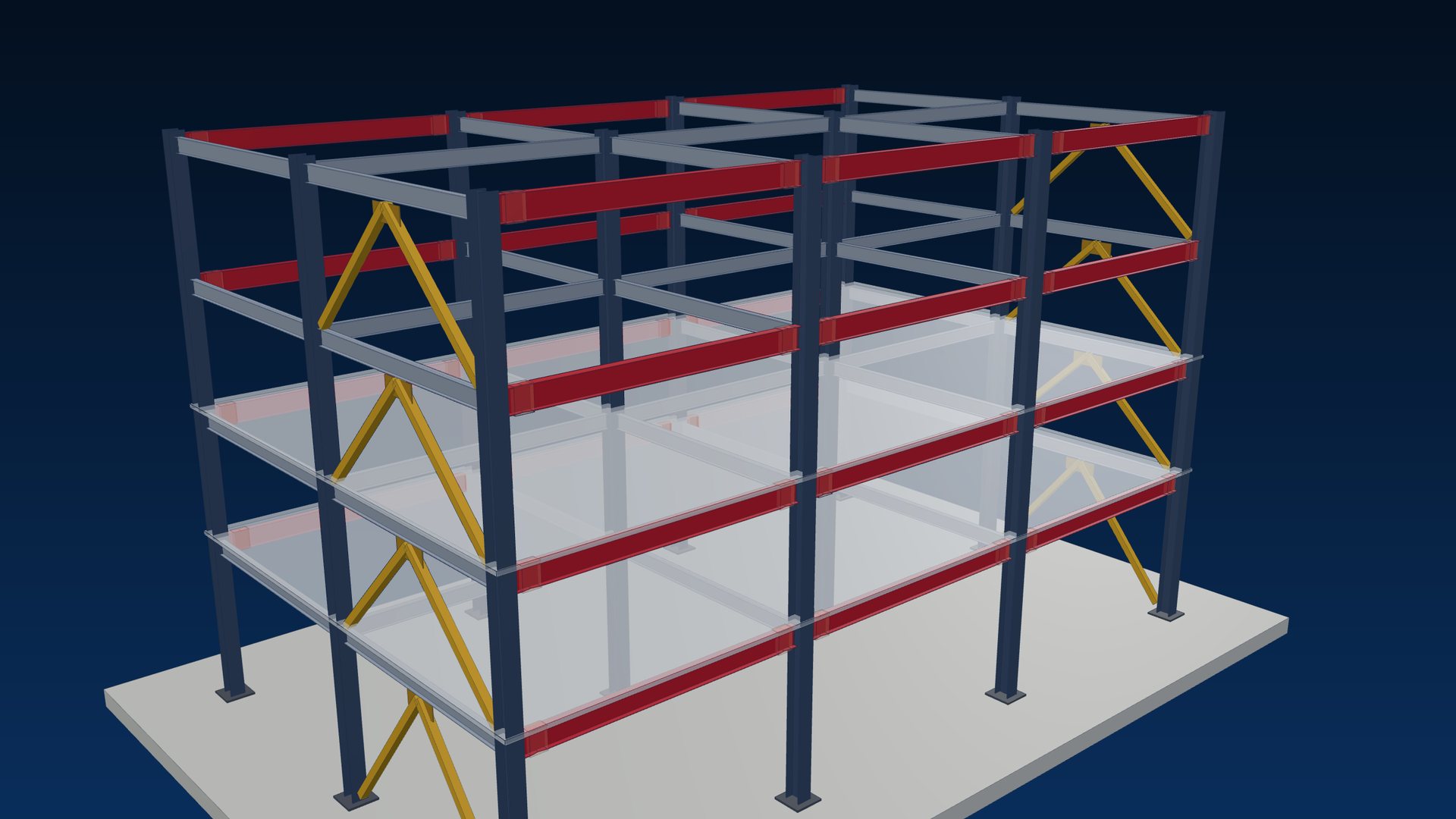 Four-storey steel frame with red reduced-beam-section moment frames and yellow chevron braces