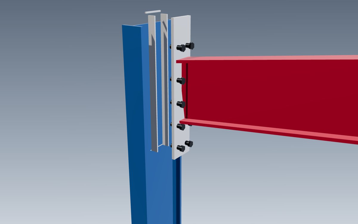3D model close-up of a bolted end-plate knee connection