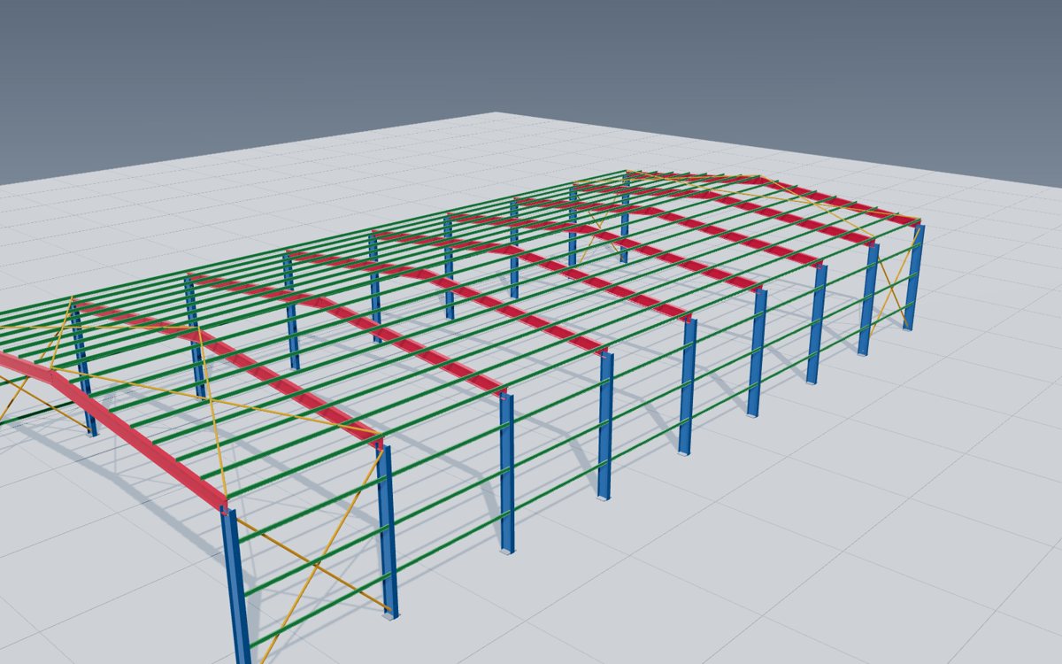 Tekla model of a steel portal-frame building