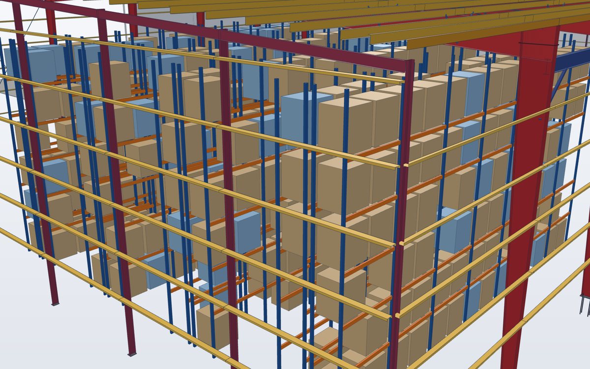 Pallet racking inside a cut-away steel warehouse frame