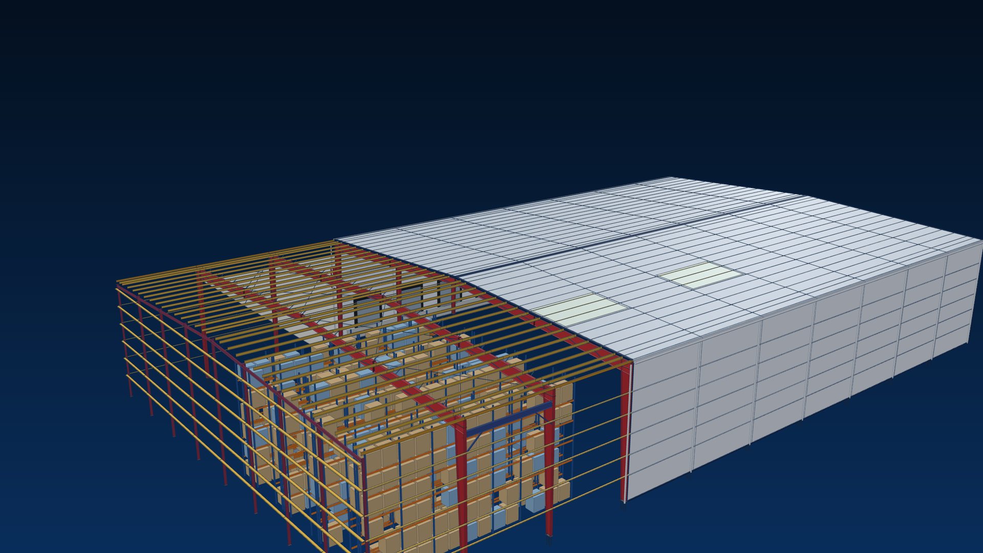 Steel distribution warehouse with racking and loading docks