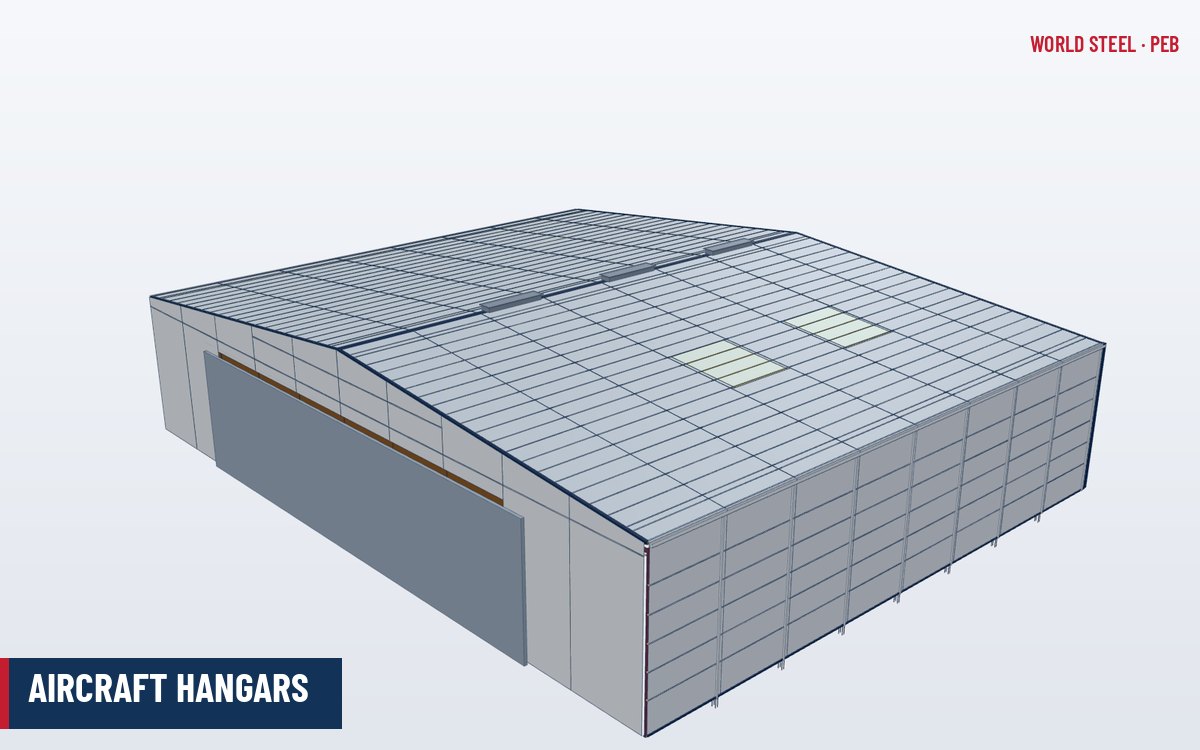 Clear-span steel aircraft hangar with a wide door opening along one endwall