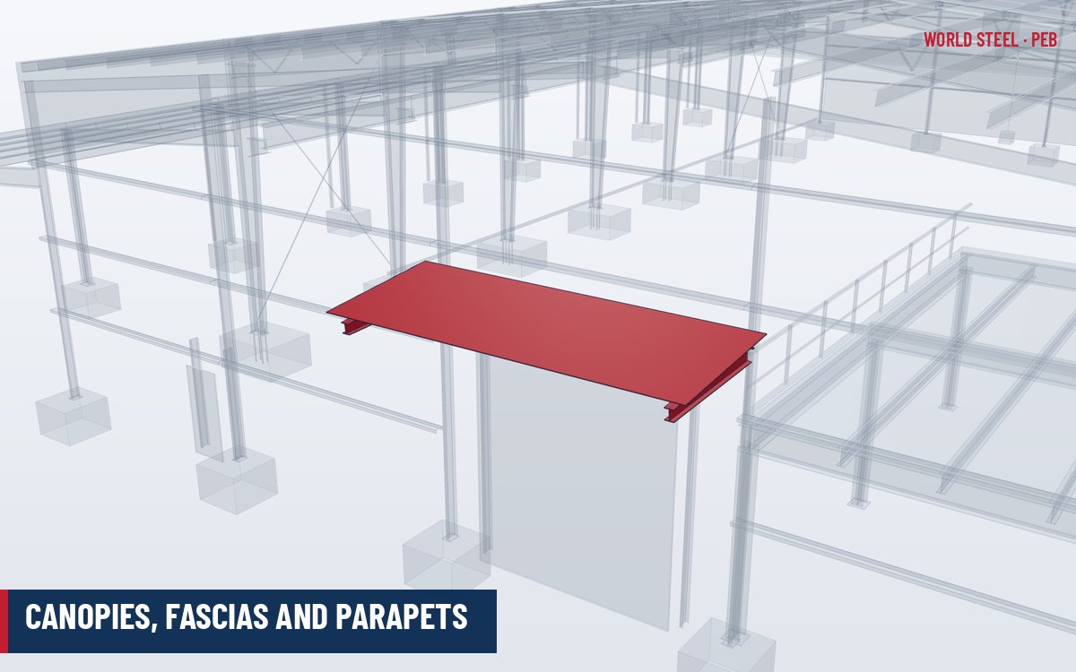 Cantilever canopy and fascia panels on the front of a pre-engineered steel building