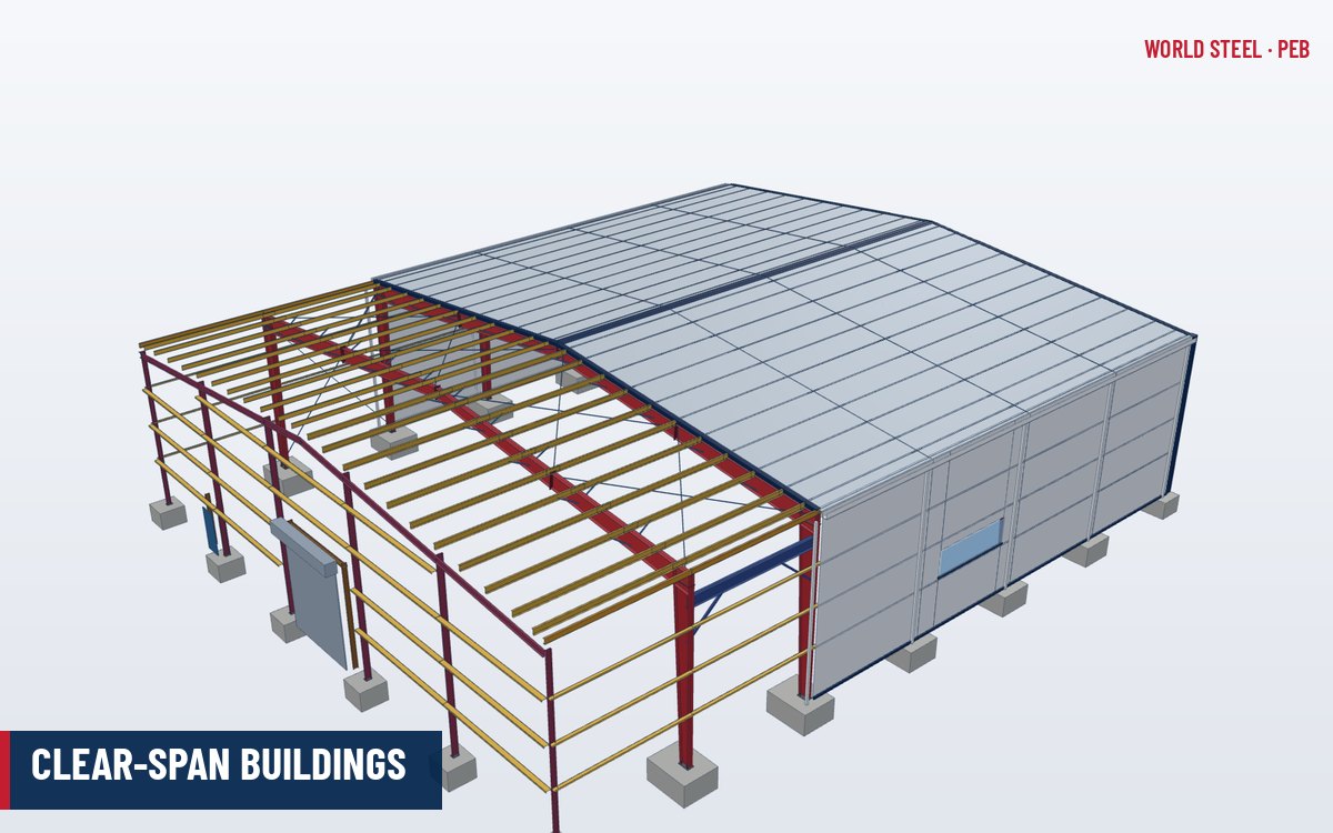 Clear-span PEB with tapered rigid frames spanning the full building width without interior columns