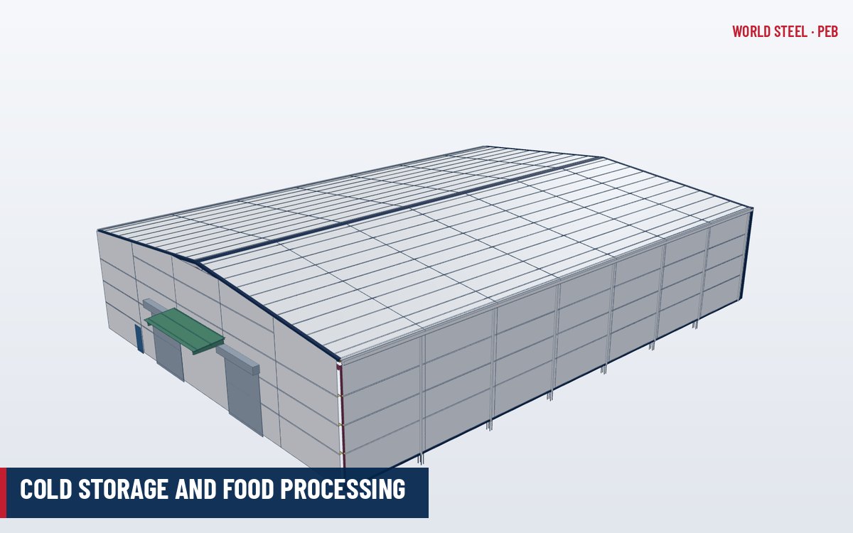 Cold storage building with steel frames and insulated sandwich panel walls and roof