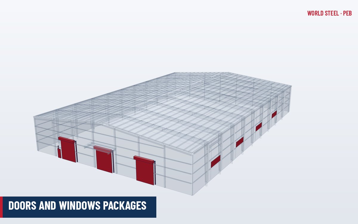 Roll-up door, personnel door and windows in the sidewall of a pre-engineered steel building