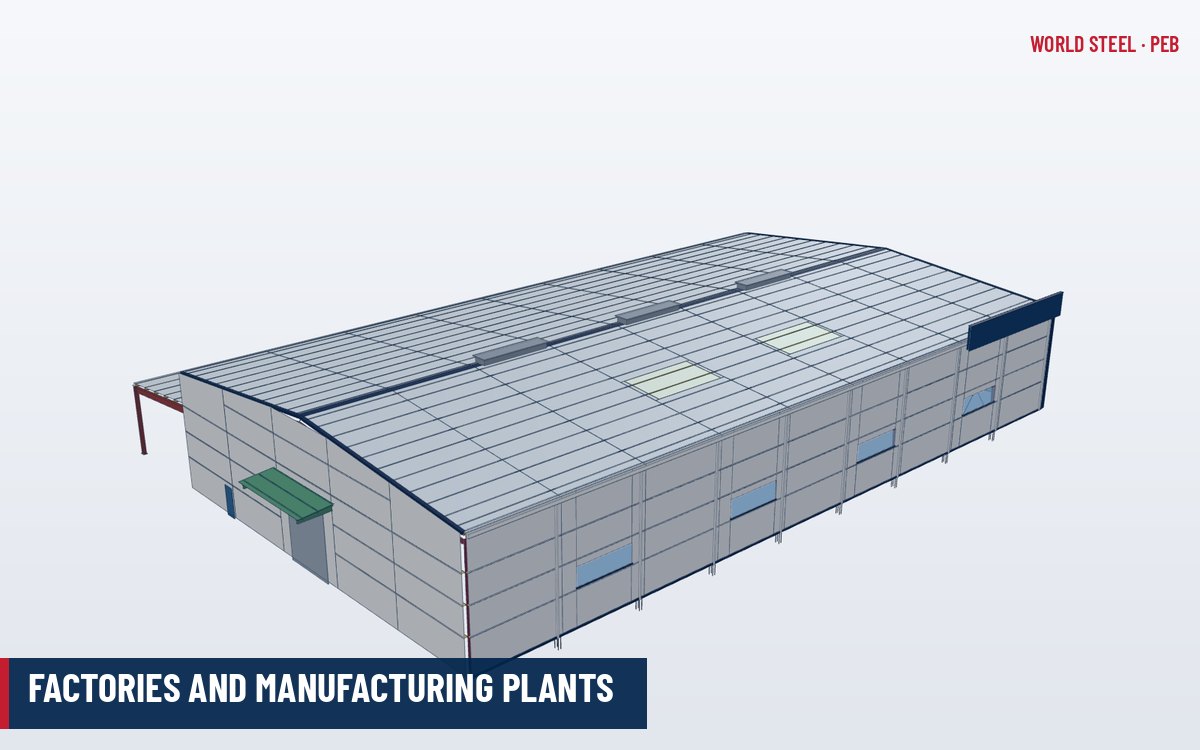 Interior of a pre-engineered steel factory with overhead crane, mezzanine office and production lines