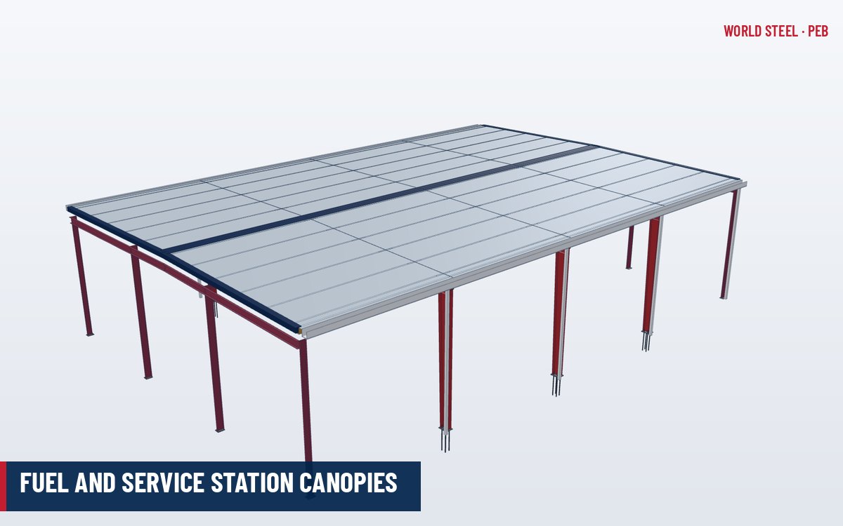 Steel forecourt canopy with deep fascia over fuel dispenser islands at a service station