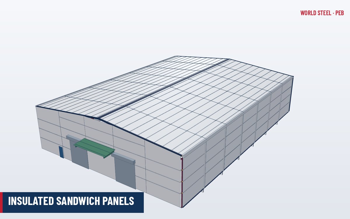 Cutaway of an insulated sandwich panel with steel facings and insulating core on a PEB wall