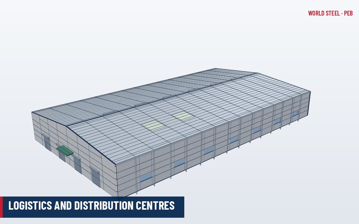 Distribution centre built as a multi-span PEB with a long dock wall of loading doors and canopies