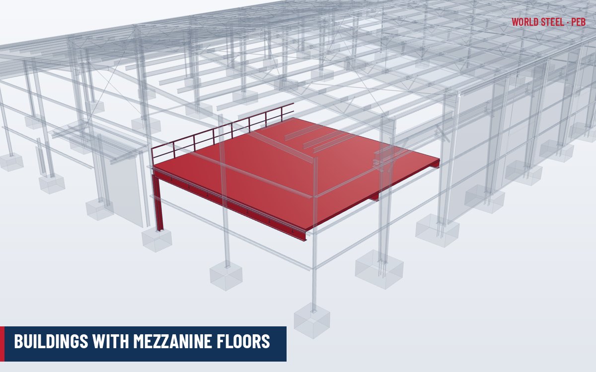 PEB interior with a steel mezzanine floor on columns and beams along one side, with stair and handrail