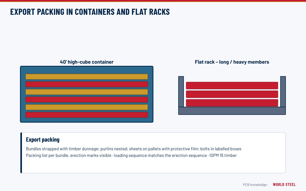 Steel building components packed in a container and on flat racks at a port