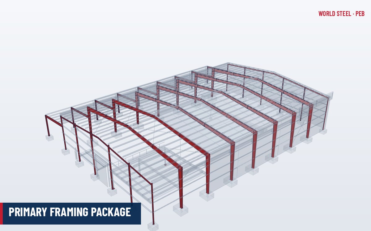 Tapered built-up rigid frame columns and rafters highlighted in a PEB 3D model